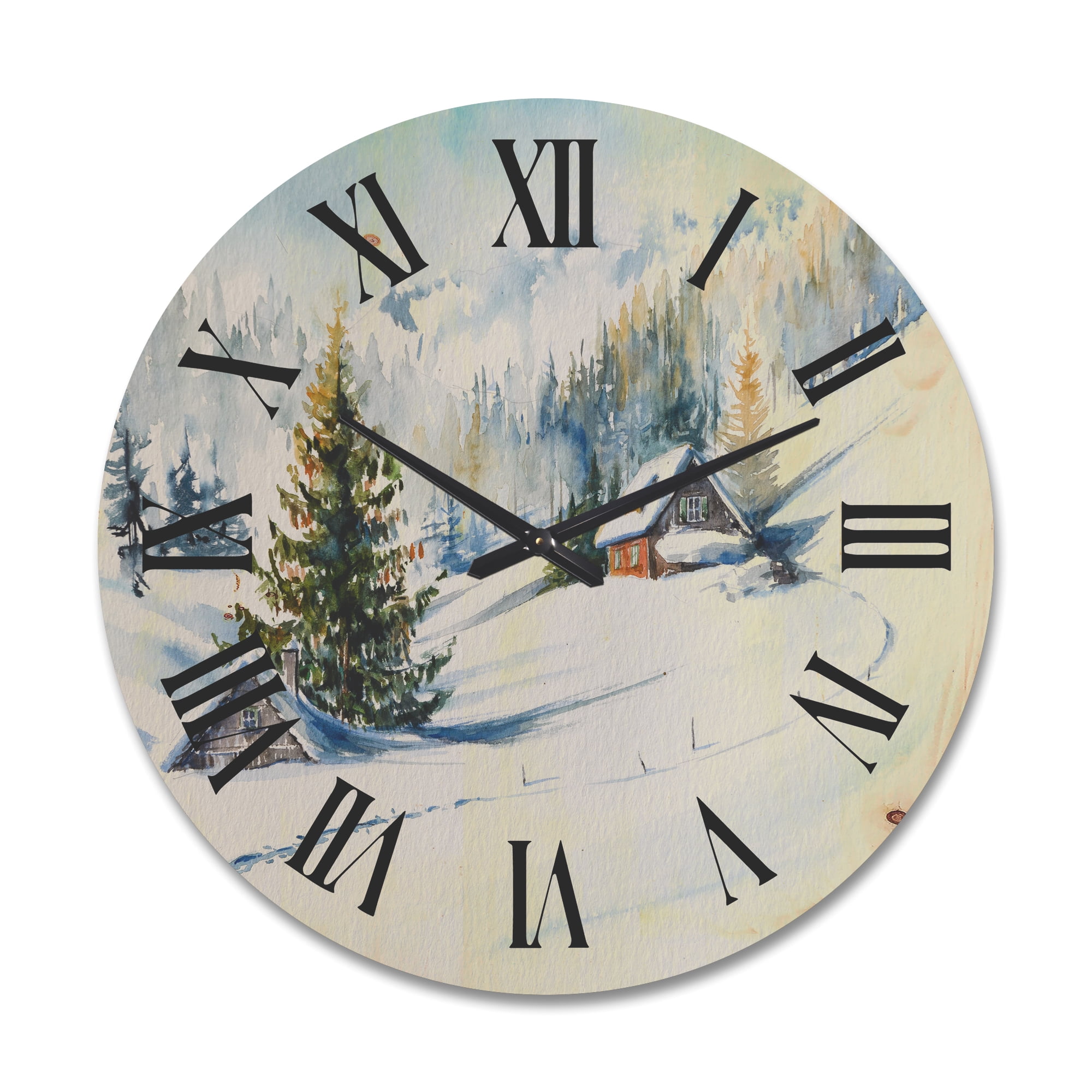Designart 'The Winter Mountains With Little House' Traditional Wood Wall Clock