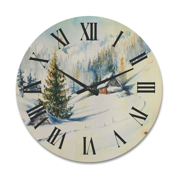Designart 'The Winter Mountains With Little House' Traditional Wood Wall Clock