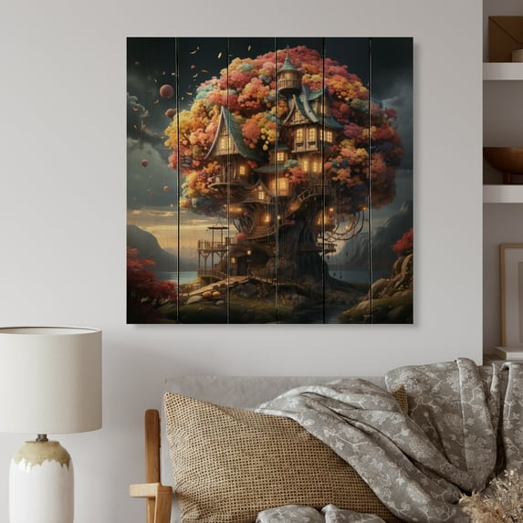 Designart "The Wishing Tree House Dreams in Nature I" Vangogh Print on Natural Pine Wood