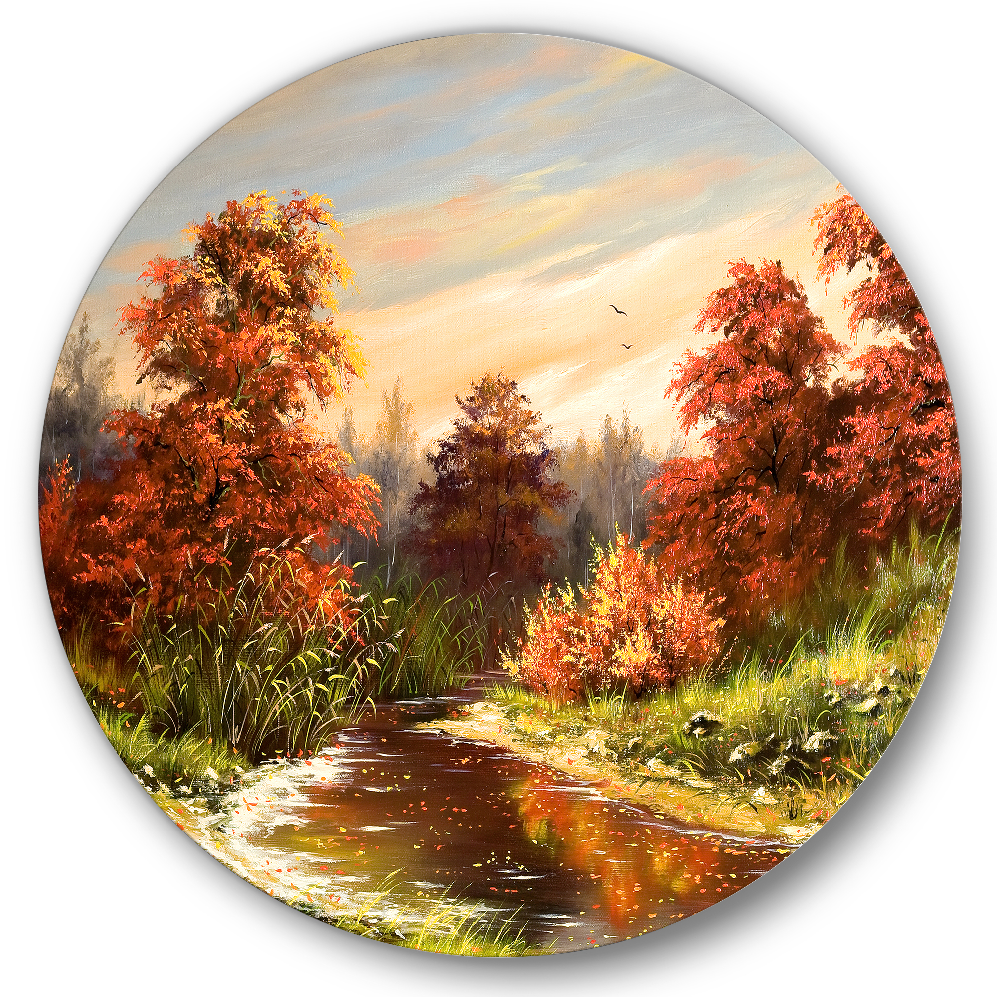 Designart 'The Wood River On A Decline In An Orange Autum Summer' Lake House Circle Metal Wall Art 23x23 - Disc of 23