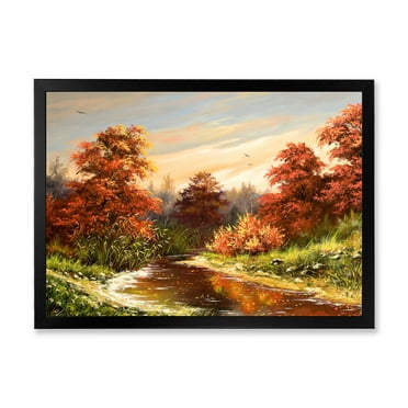 Designart 'The Wood River On A Decline In An Orange Autum Summer' Lake House Framed Art Print