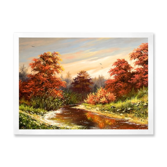 Designart 'The Wood River On A Decline In An Orange Autum Summer' Lake House Framed Art Print