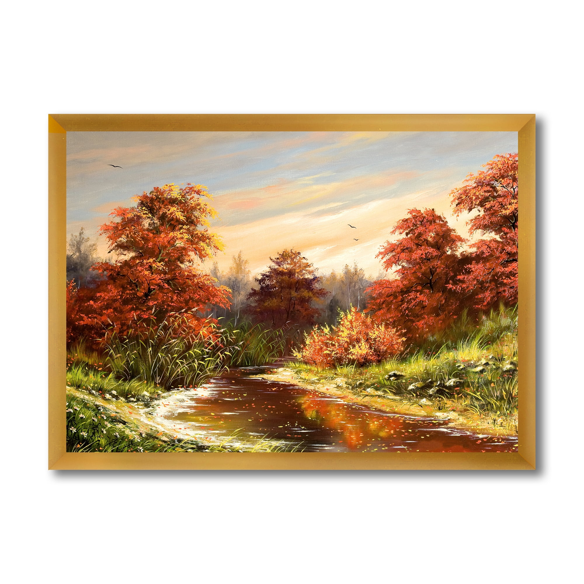 Designart 'The Wood River On A Decline In An Orange Autum Summer' Lake House Framed Art Print