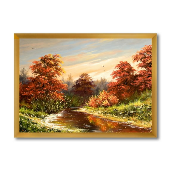Designart 'The Wood River On A Decline In An Orange Autum Summer' Lake House Framed Art Print