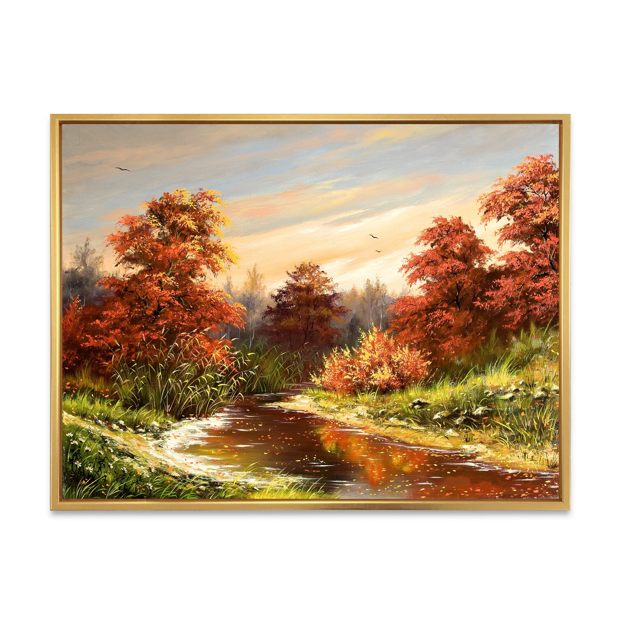Designart 'The Wood River On A Decline In An Orange Autum Summer' Lake House Framed Canvas Wall Art Print
