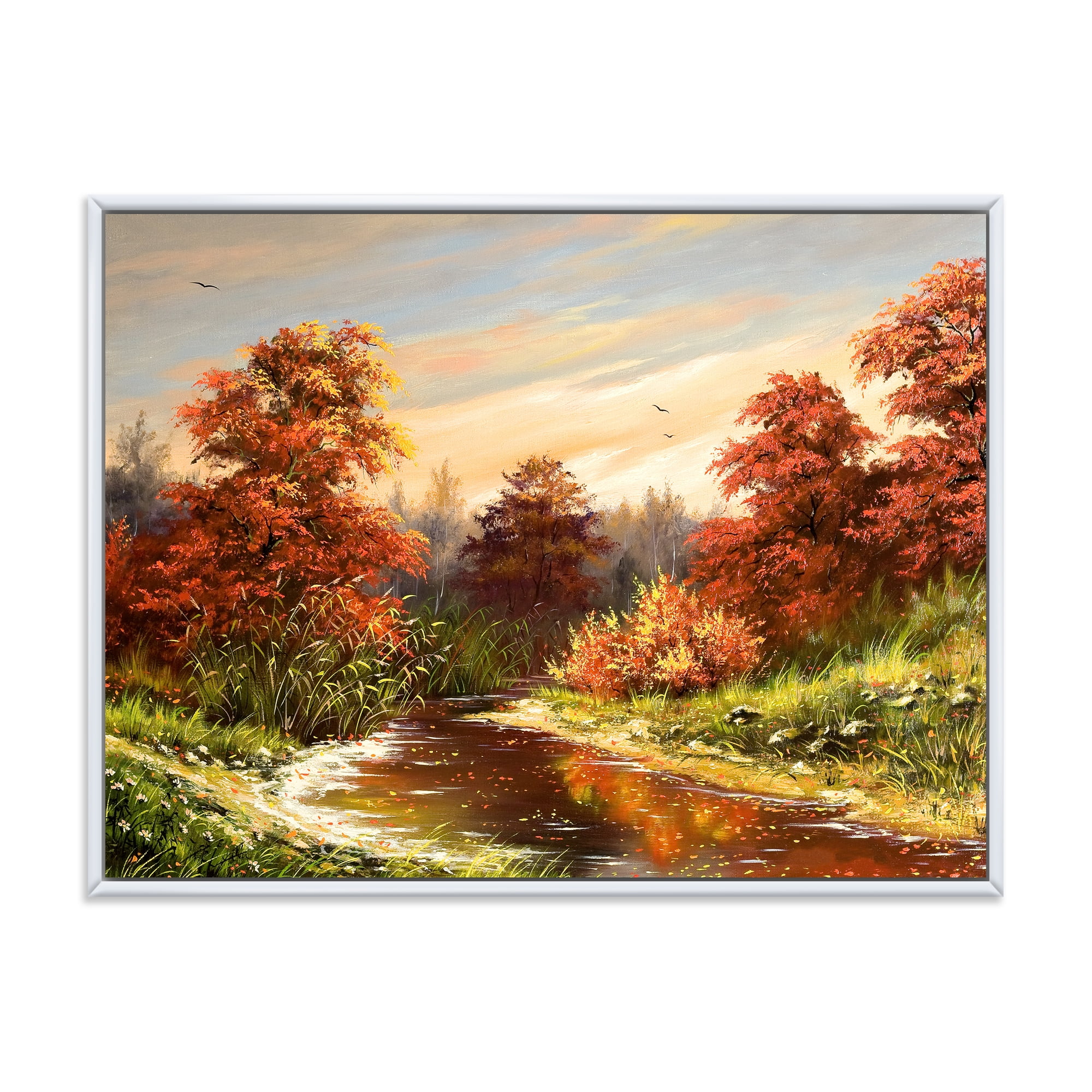 Designart 'The Wood River On A Decline In An Orange Autum Summer' Lake House Framed Canvas Wall Art Print