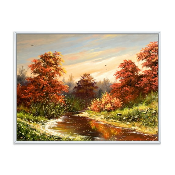 Designart 'The Wood River On A Decline In An Orange Autum Summer' Lake House Framed Canvas Wall Art Print