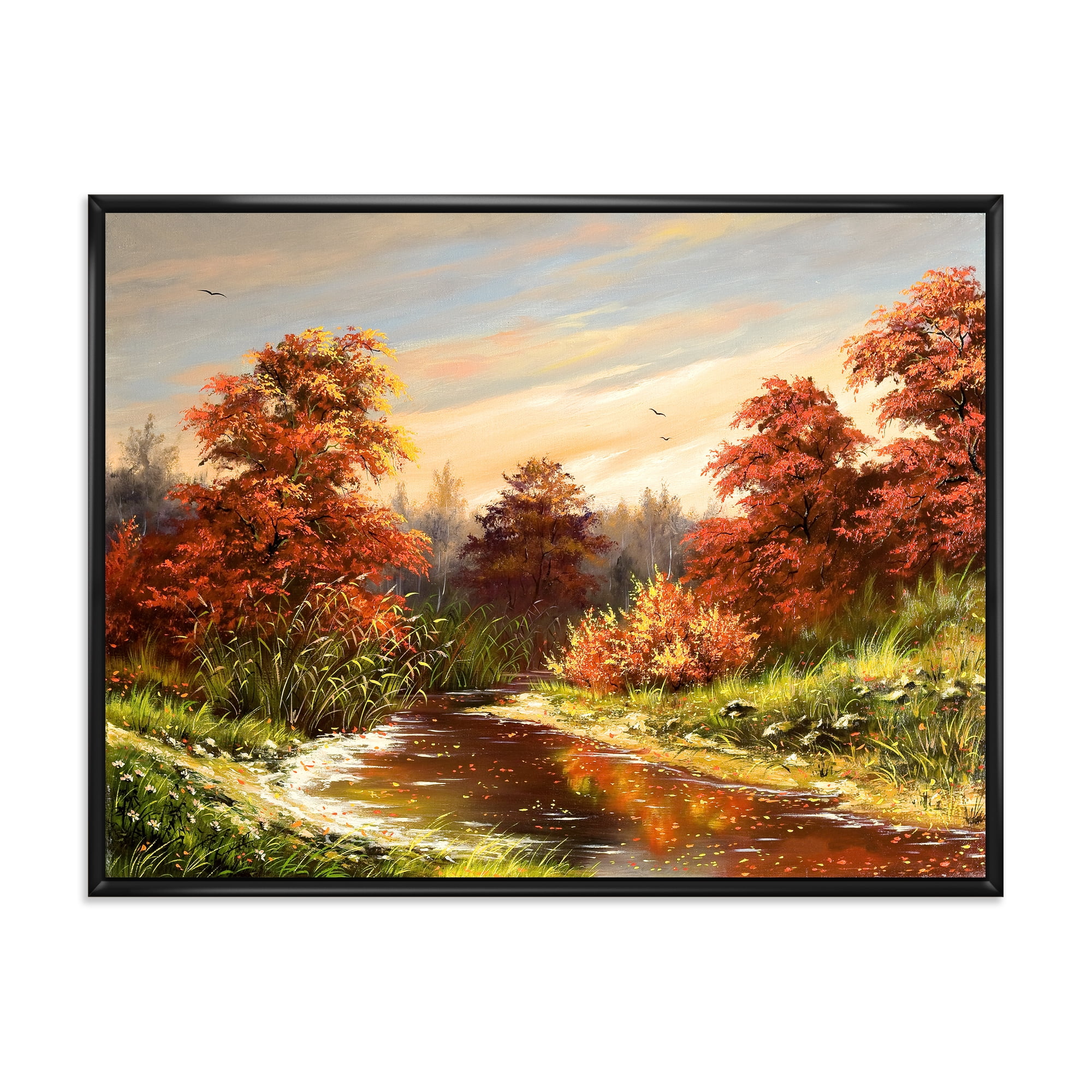 Designart 'The Wood River On A Decline In An Orange Autum Summer' Lake House Framed Canvas Wall Art Print