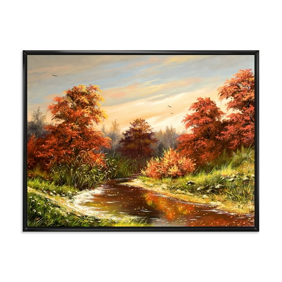 Designart 'The Wood River On A Decline In An Orange Autum Summer' Lake House Framed Canvas Wall Art Print