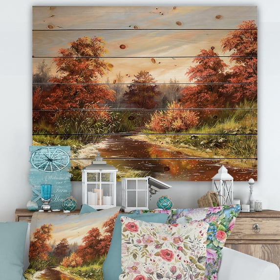 Designart 'The Wood River On A Decline In An Orange Autum Summer' Lake House Print on Natural Pine Wood