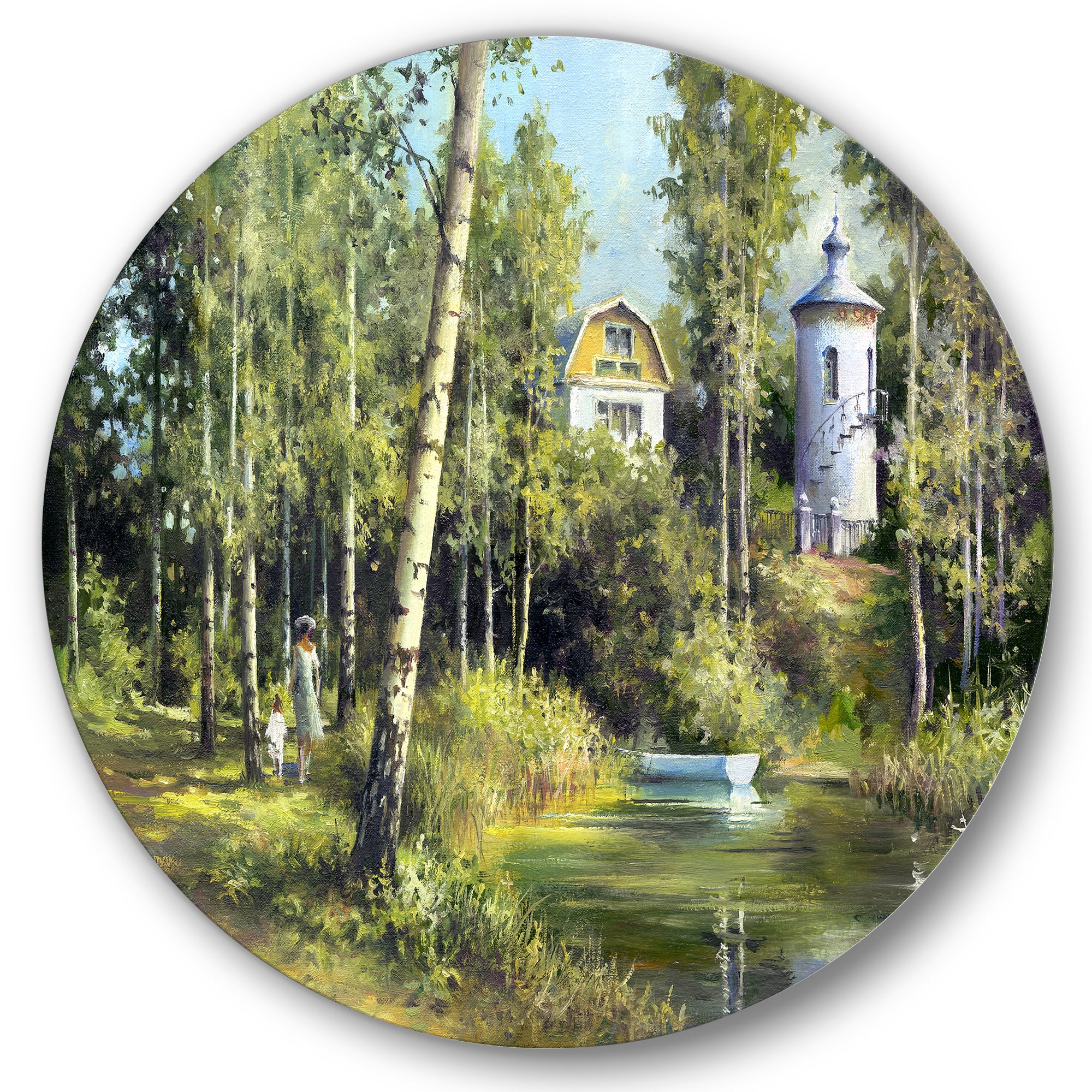 Designart 'The Wood River With Boat On A Decline By The Castle' Lake House Circle Metal Wall Art 29x29 - Disc of 29