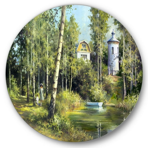Designart 'The Wood River With Boat On A Decline By The Castle' Lake House Circle Metal Wall Art 36x36 - Disc of 36