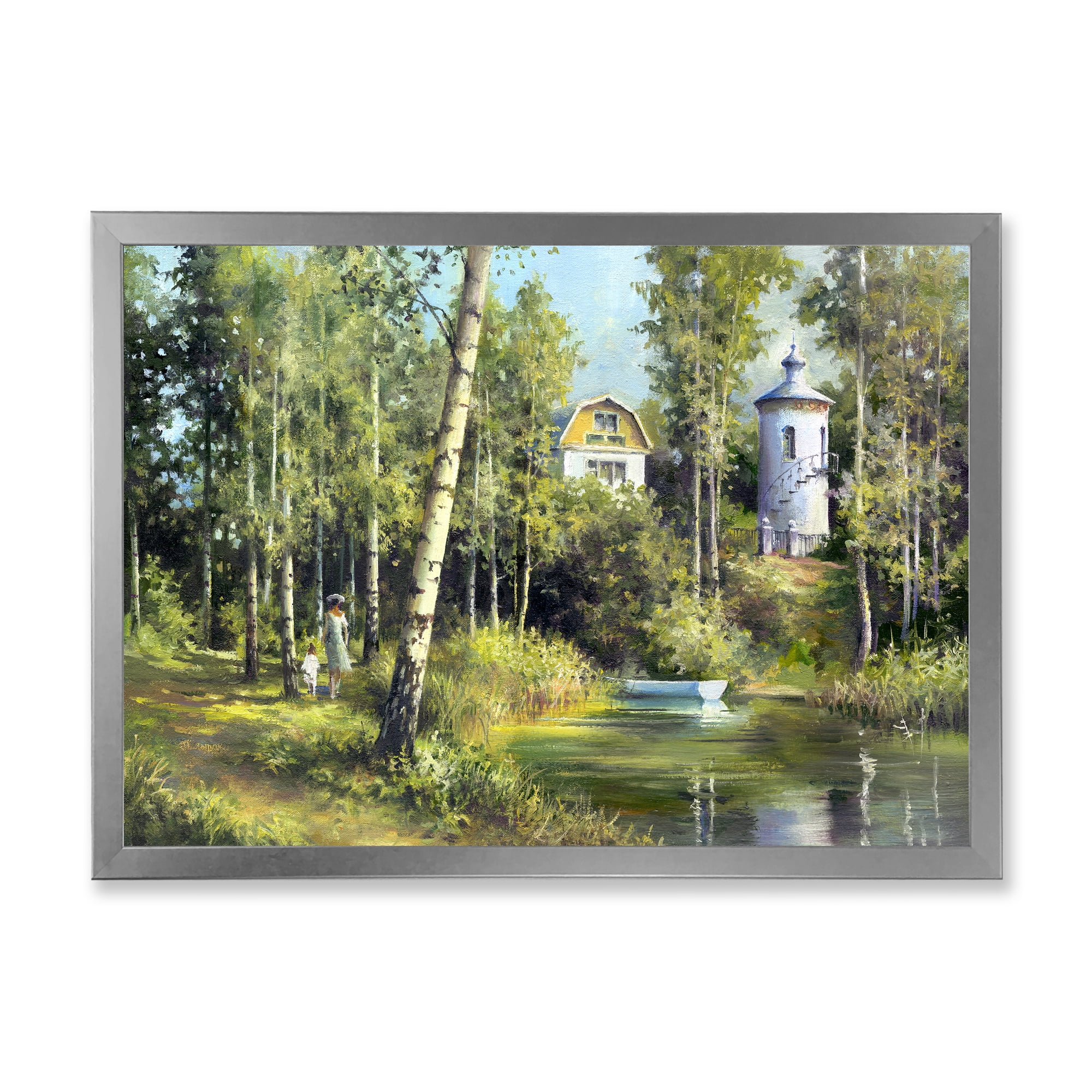 Designart 'The Wood River With Boat On A Decline By The Castle' Lake House Framed Art Print