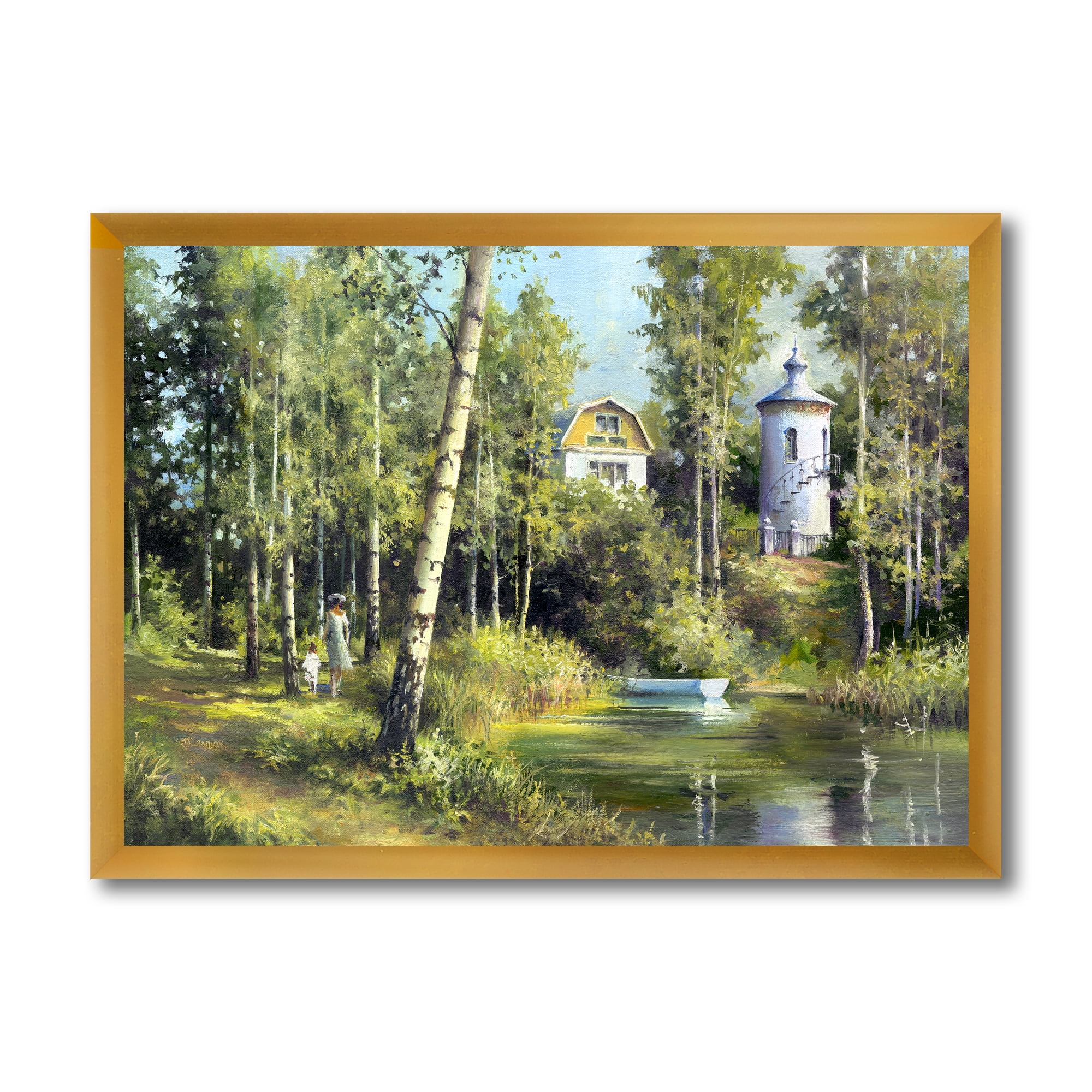 Designart 'The Wood River With Boat On A Decline By The Castle' Lake House Framed Art Print