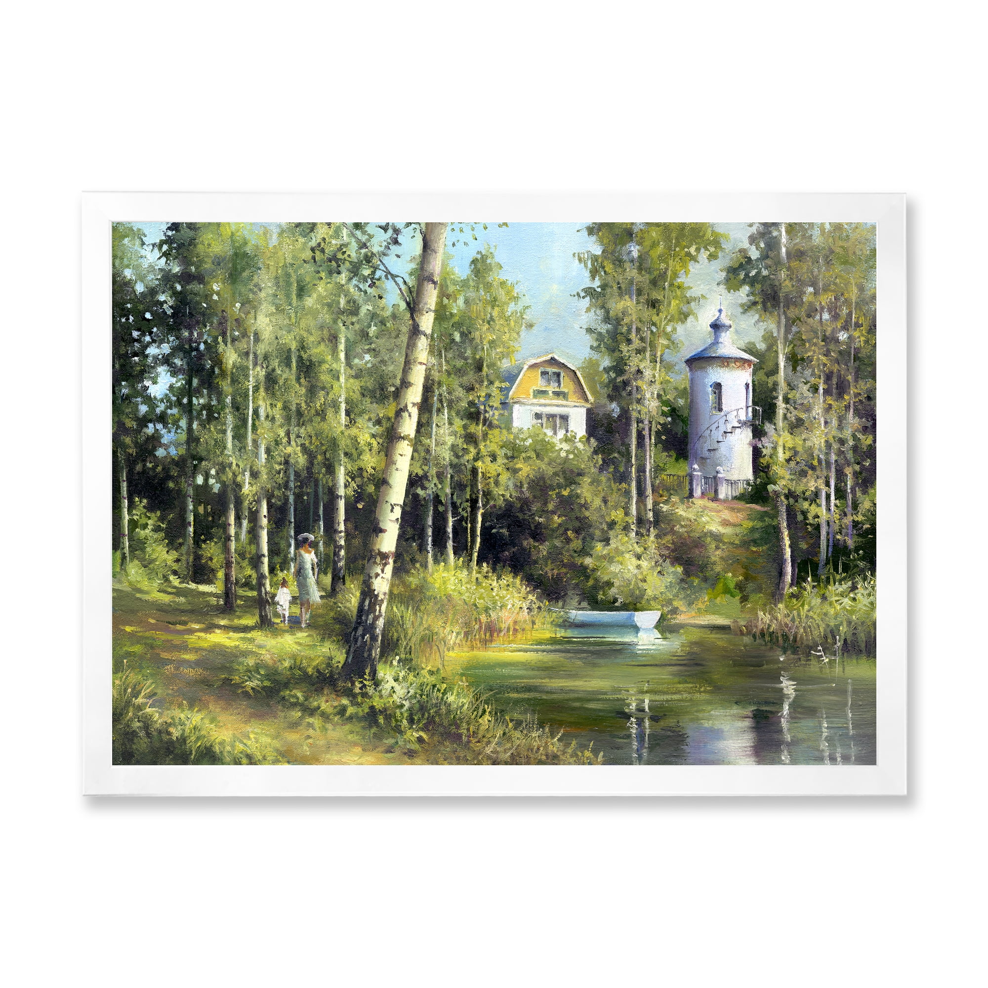 Designart 'The Wood River With Boat On A Decline By The Castle' Lake House Framed Art Print