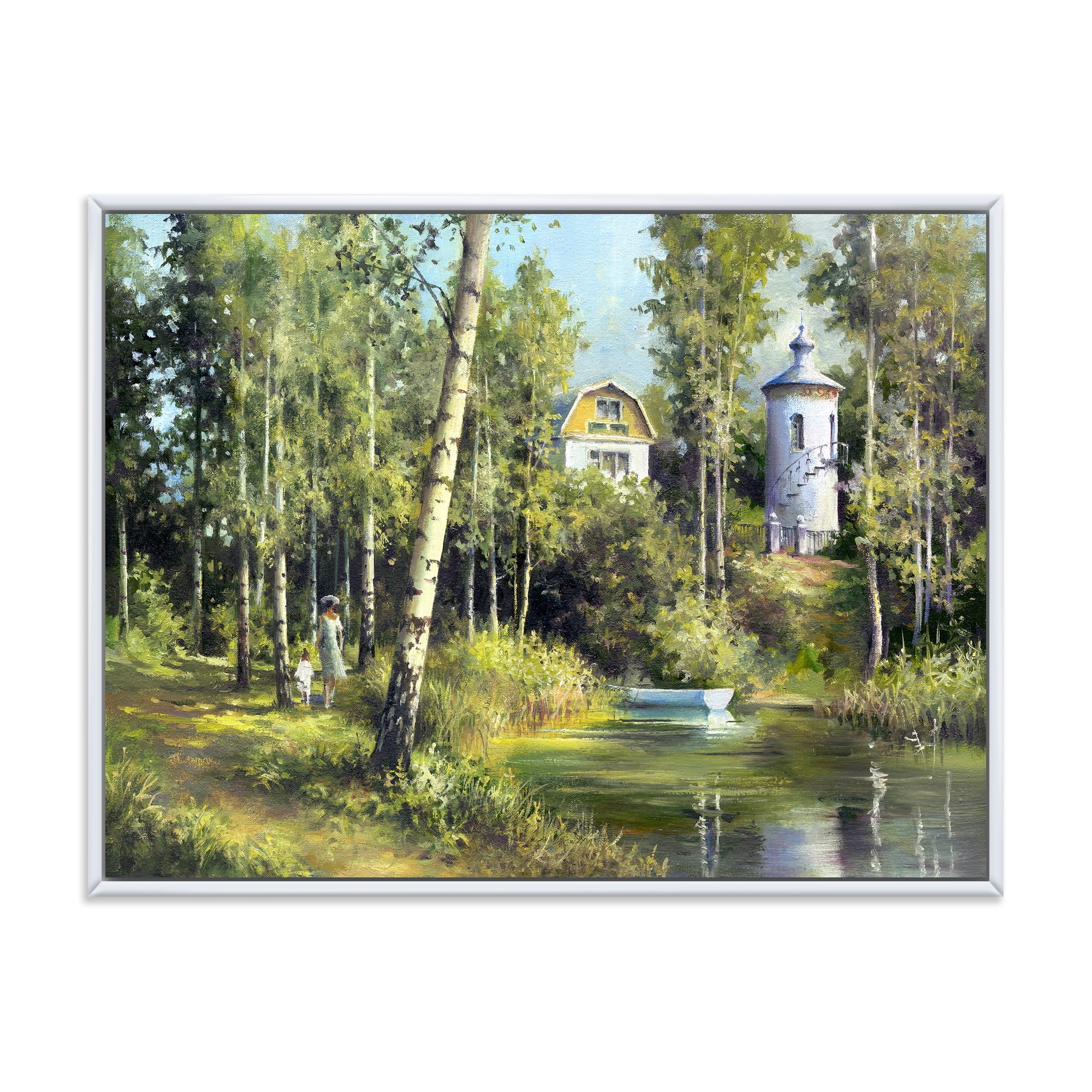 Designart 'The Wood River With Boat On A Decline By The Castle' Lake House Framed Canvas Wall Art Print