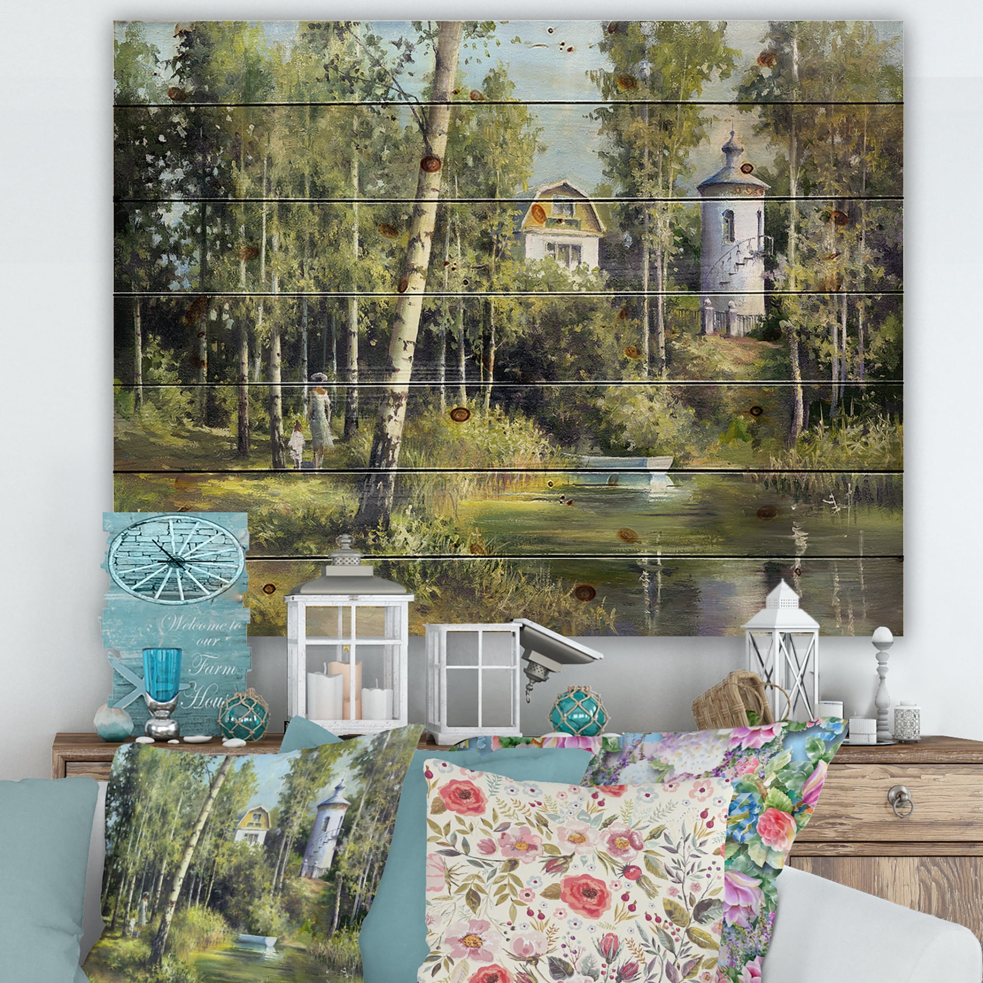 Designart 'The Wood River With Boat On A Decline By The Castle' Lake House Print on Natural Pine Wood