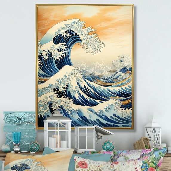 Designart "The Yellow Great Wave A Masterpiece from Kanagawa I" Nautical & Beach Floater Framed Canvas Wall Art