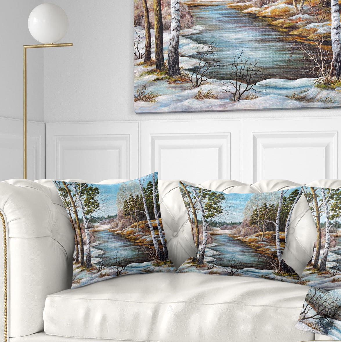 Designart The spring Siberian River - Landscape Printed Throw Pillow - 16x16