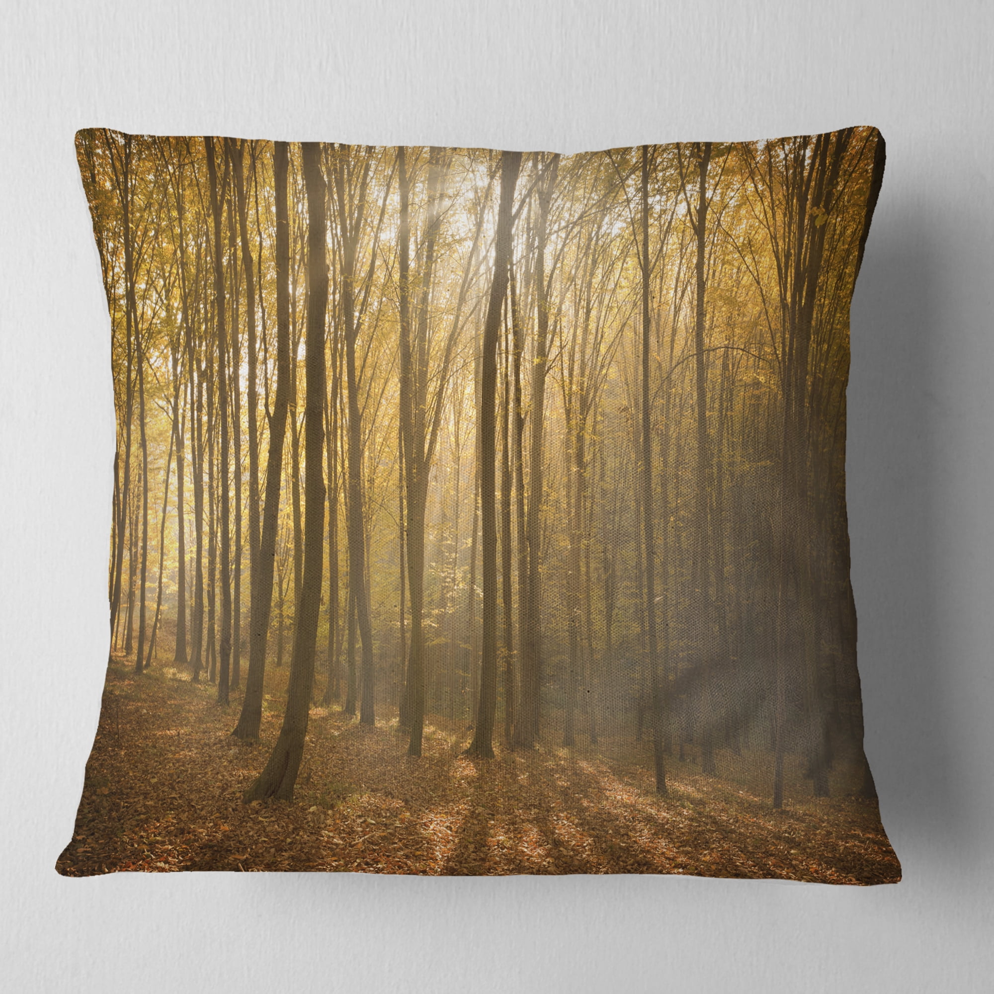 Designart Thick Green Fall Forest with Fog - Forest Throw Pillow - 16x16