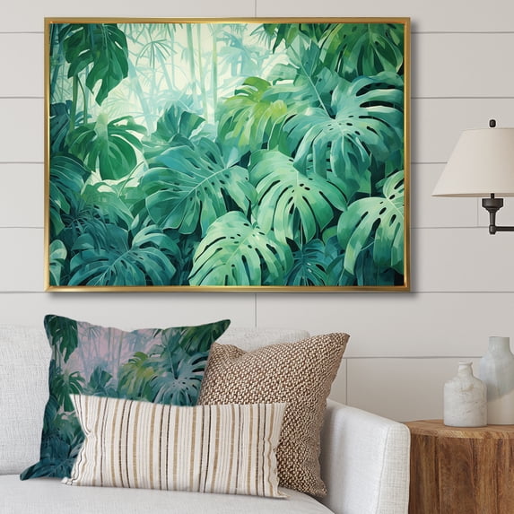 Designart "Thick Jungle Of Palm Trees In Jade Hues III" Palms & Palm Trees Floater Framed Wall Art Living Room