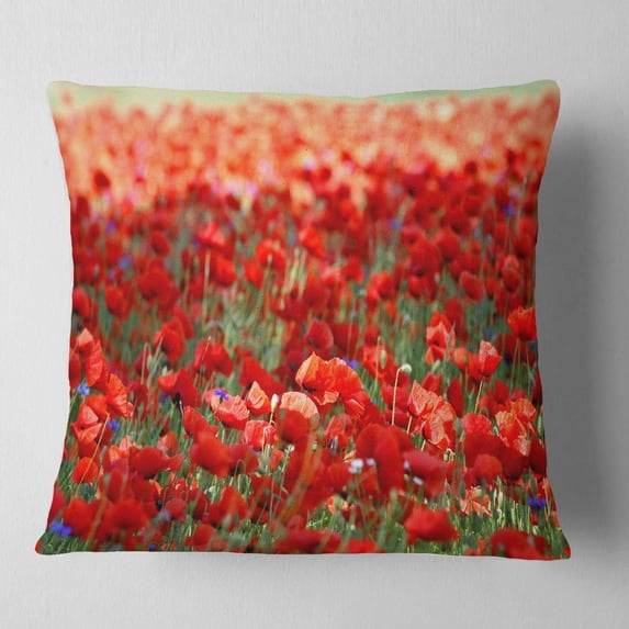 Designart Thick Red Poppy Flower Field - Floral Throw Pillow - 16x16