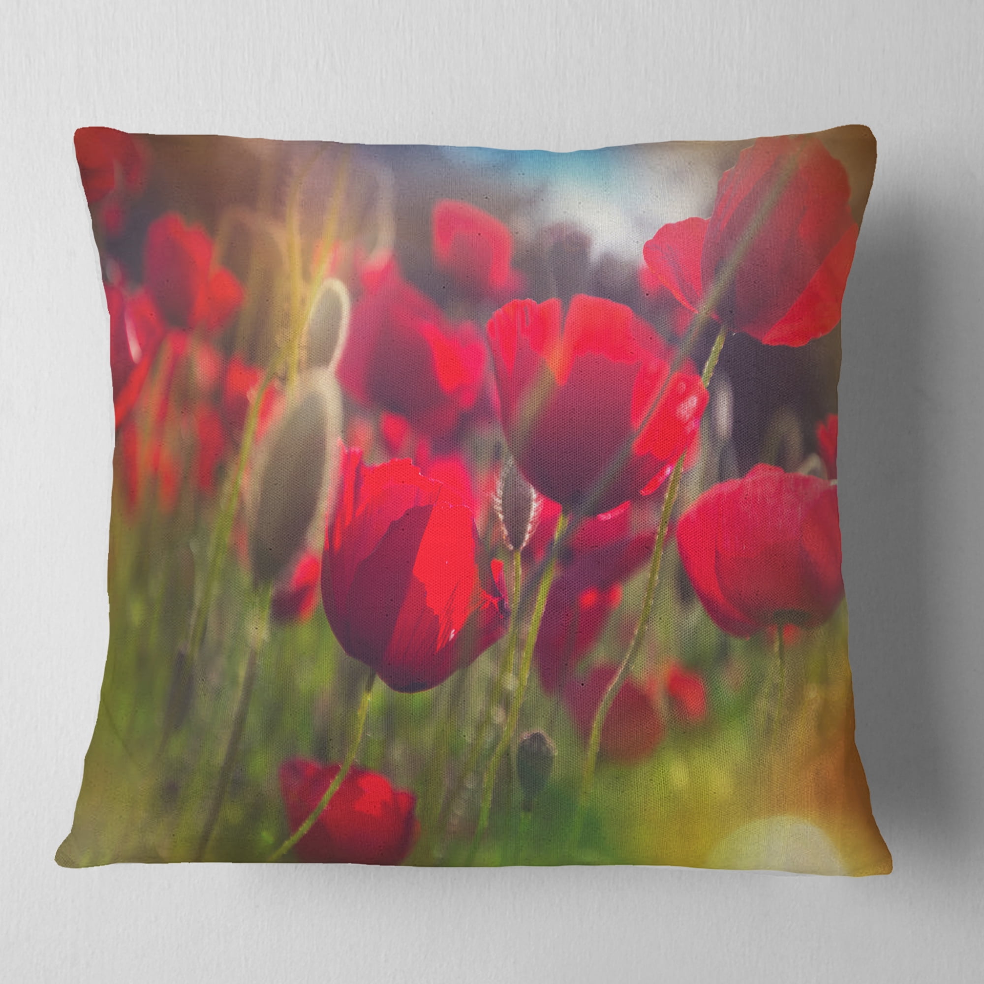 Designart Thick Red Poppy Flowers - Floral Throw Pillow - 16x16