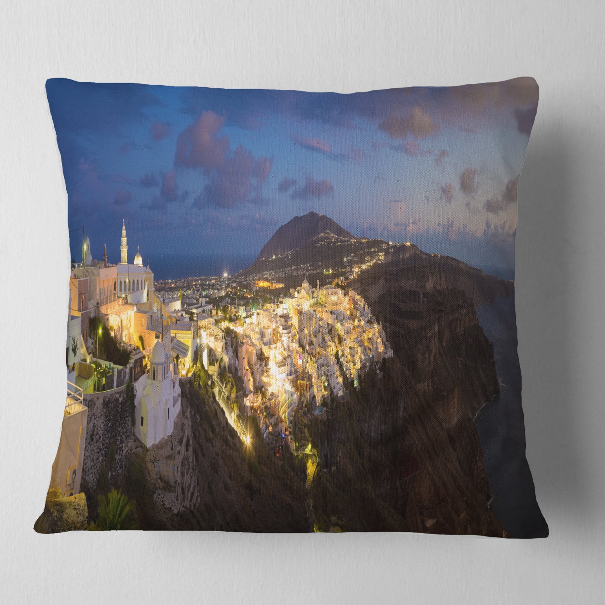 Designart Thira Santorini Greece Panorama - Landscape Printed Throw Pillow - 18x18