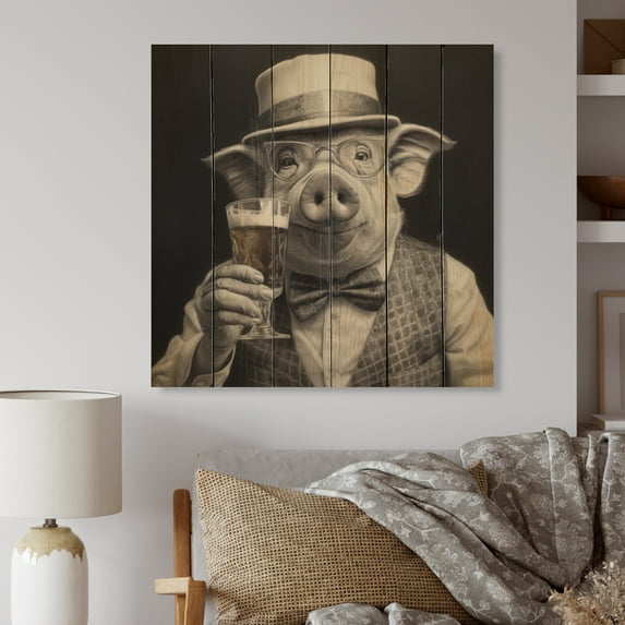 Designart "Thirsty Pig I" Animals Print on Natural Pine Wood