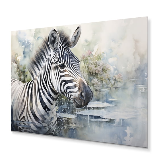 Designart "This Zebra in Watercolor Elegance" Animals Metal Wall Decor