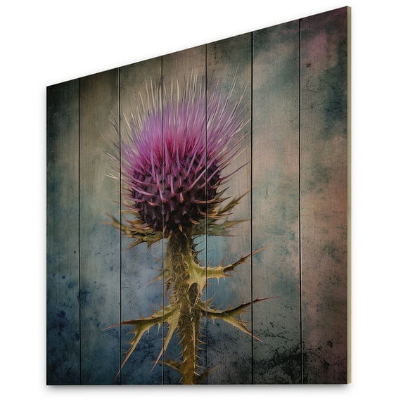 Designart "Thistle Plant Whispers in Purple and Green IV" Floral Print on Natural Pine Wood