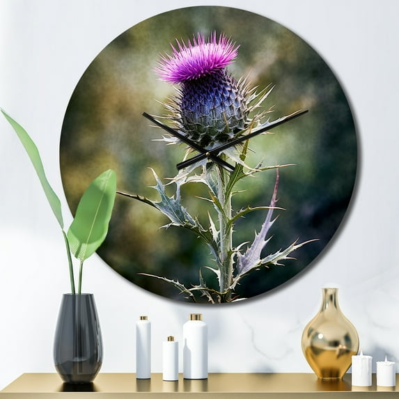 Designart "Thistle Plant Whispers in Purple and Green V" Floral Oversized Wall Clock