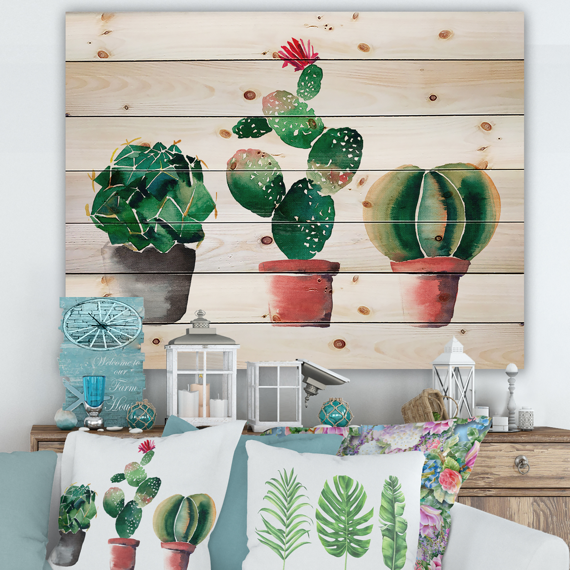 Designart 'Three Cacti In Clay Pots On White' Botanical Print on Natural Pine Wood