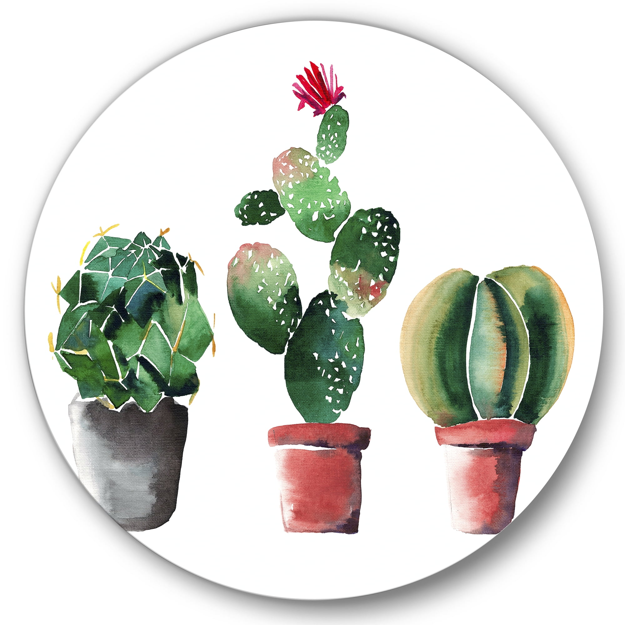 Designart 'Three Cacti In Clay Pots On White' Traditional Circle Metal Wall Art 11x11 - Disc of 11