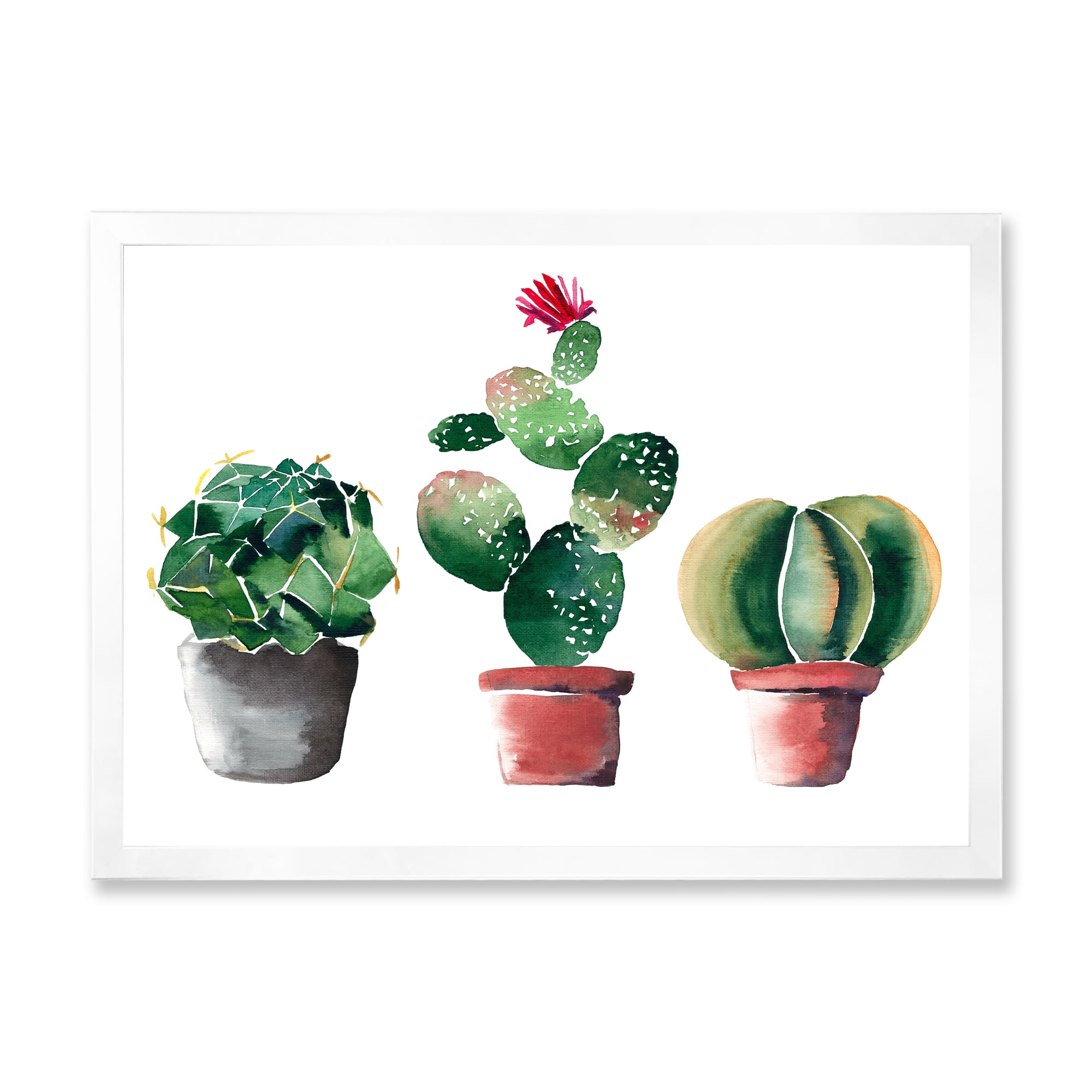 Designart 'Three Cacti In Clay Pots On White' Traditional Framed Art Print