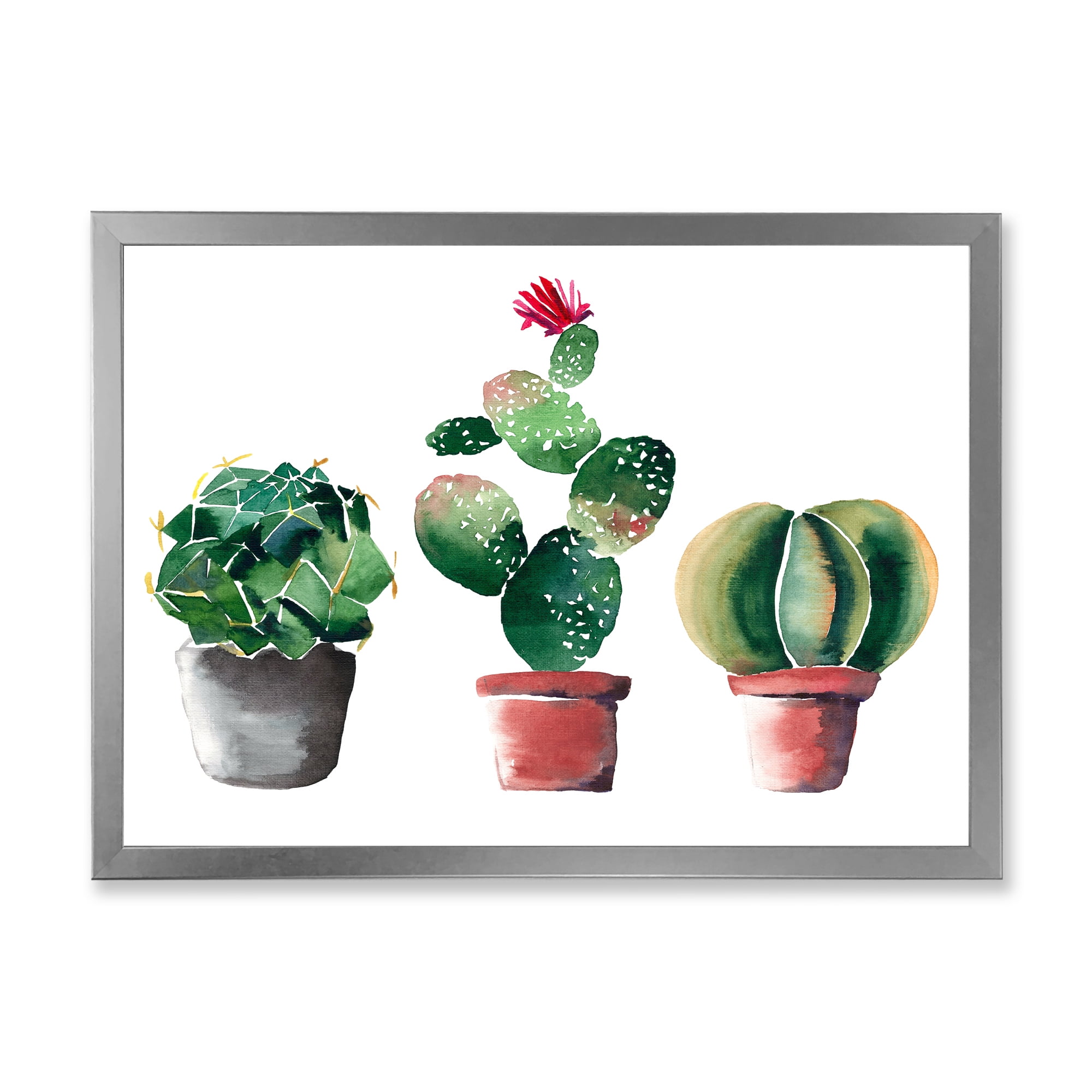 Designart 'Three Cacti In Clay Pots On White' Traditional Framed Art Print