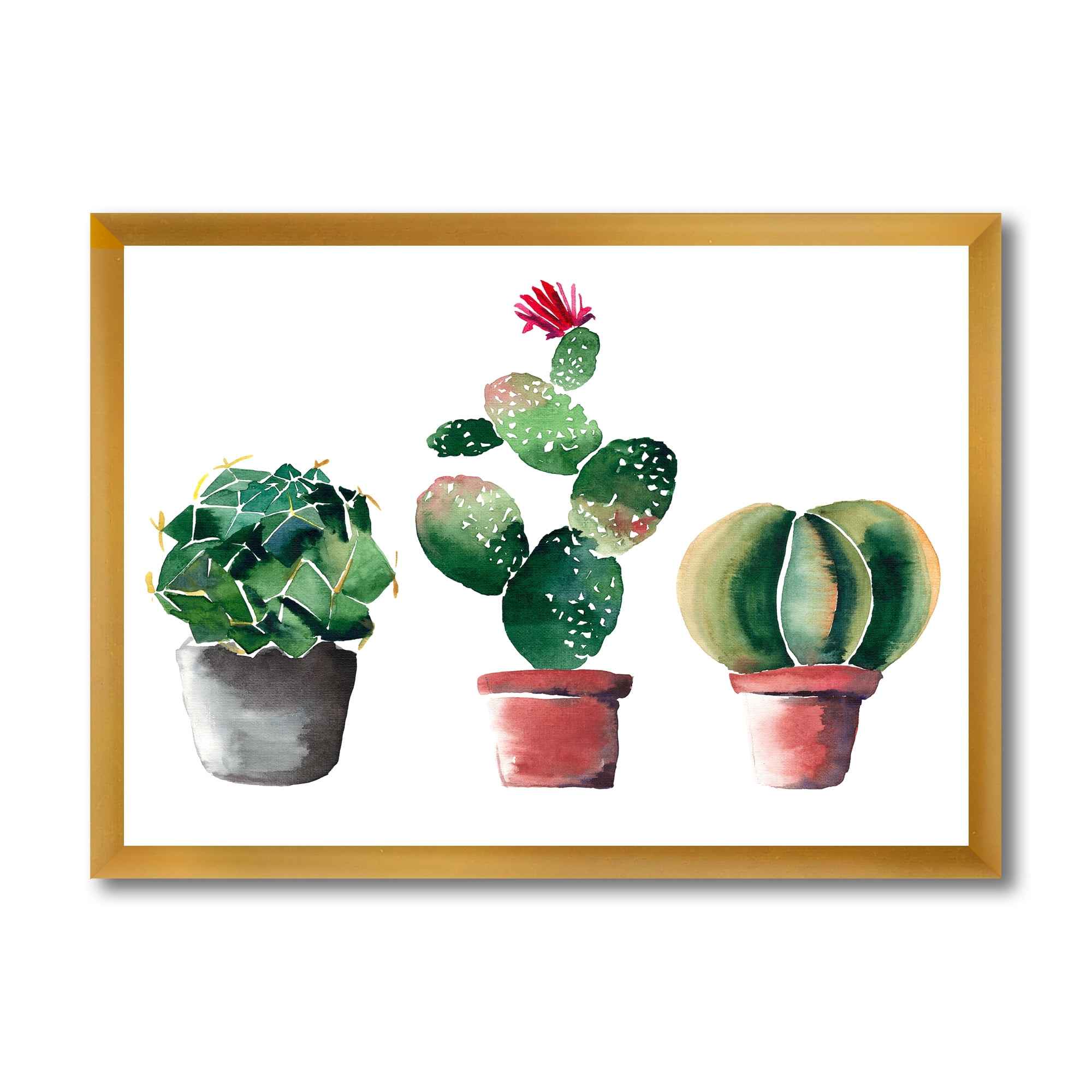 Designart 'Three Cacti In Clay Pots On White' Traditional Framed Art Print