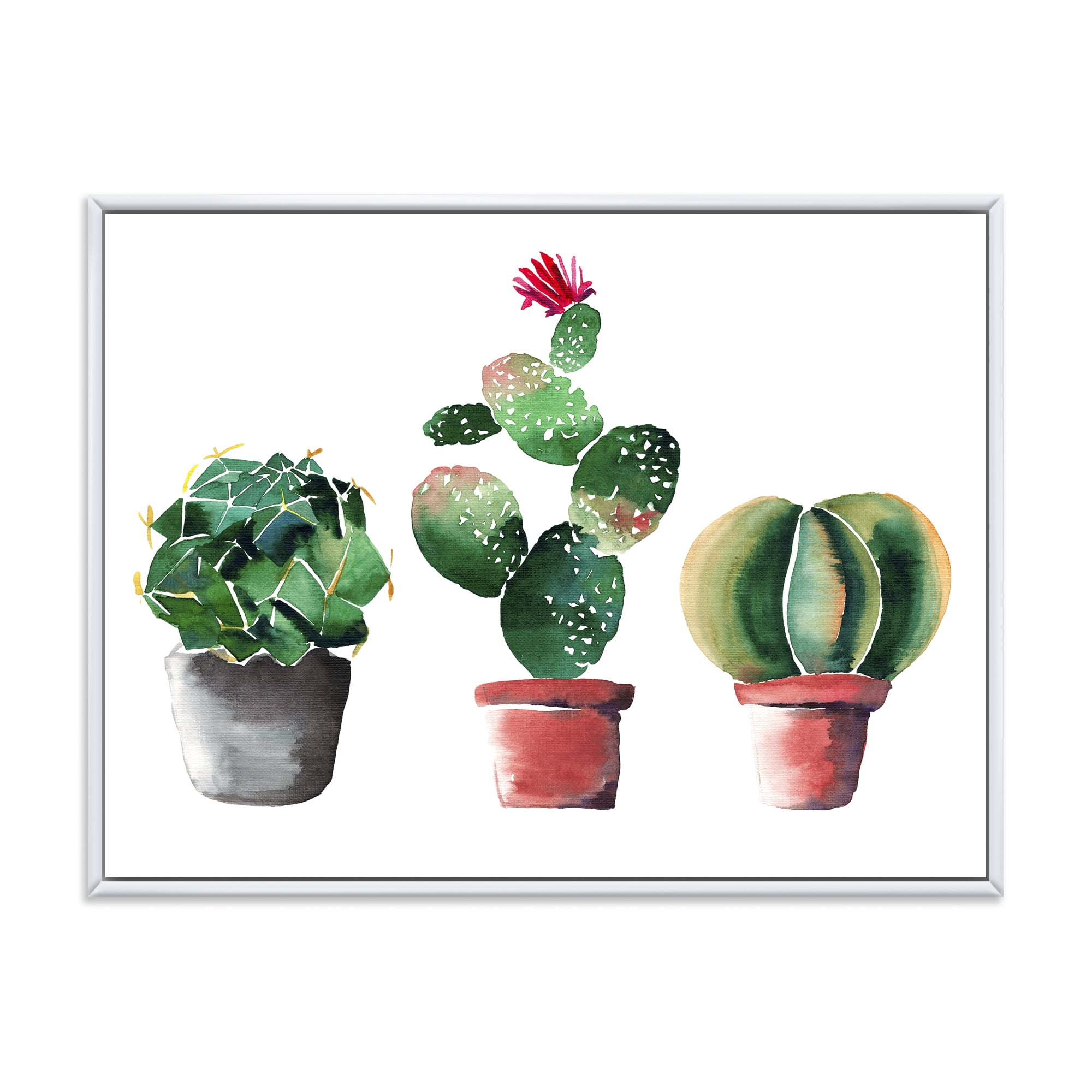 Designart 'Three Cacti In Clay Pots On White' Traditional Framed Canvas Wall Art Print