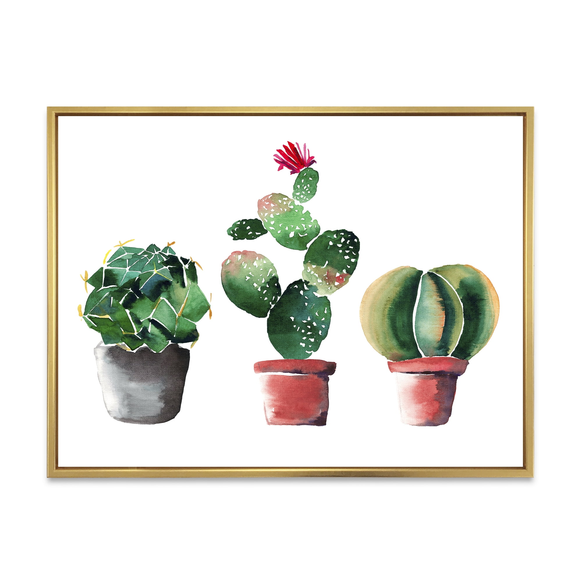 Designart 'Three Cacti In Clay Pots On White' Traditional Framed Canvas Wall Art Print