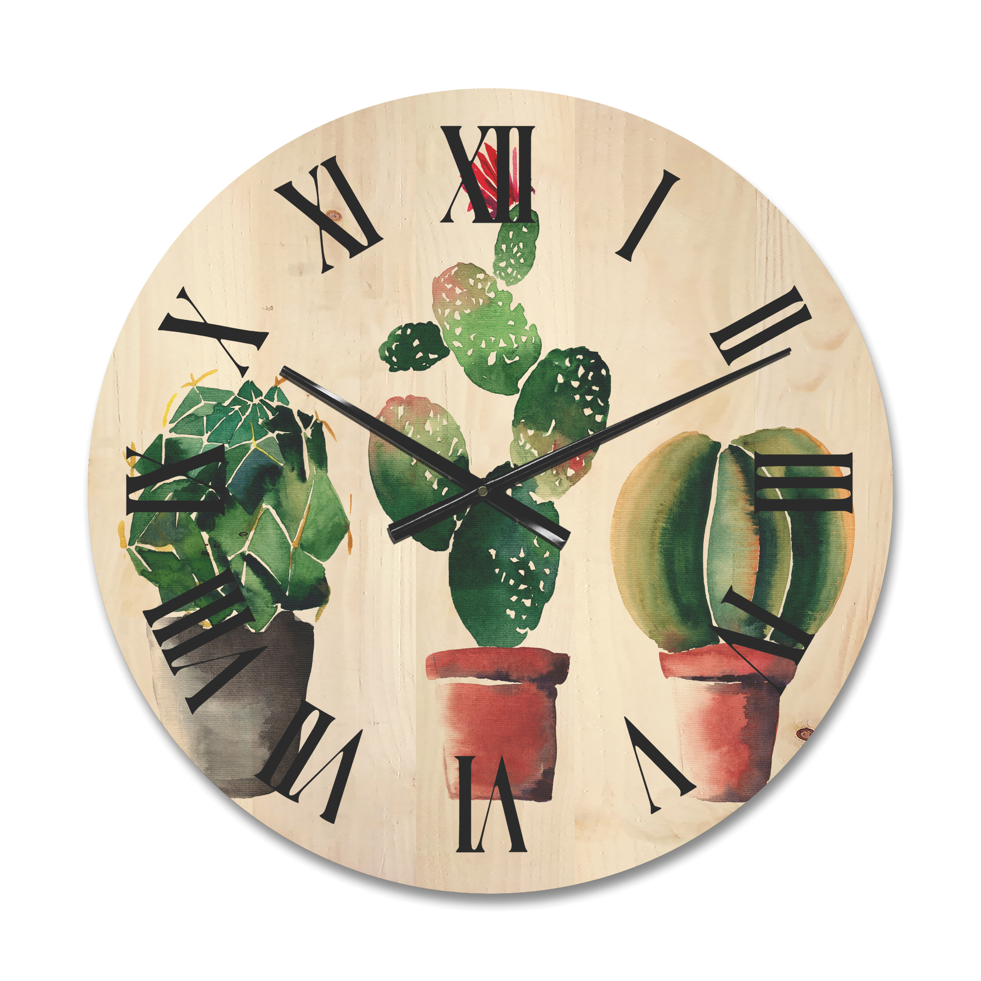 Designart 'Three Cacti In Clay Pots On White' Traditional Wood Wall Clock