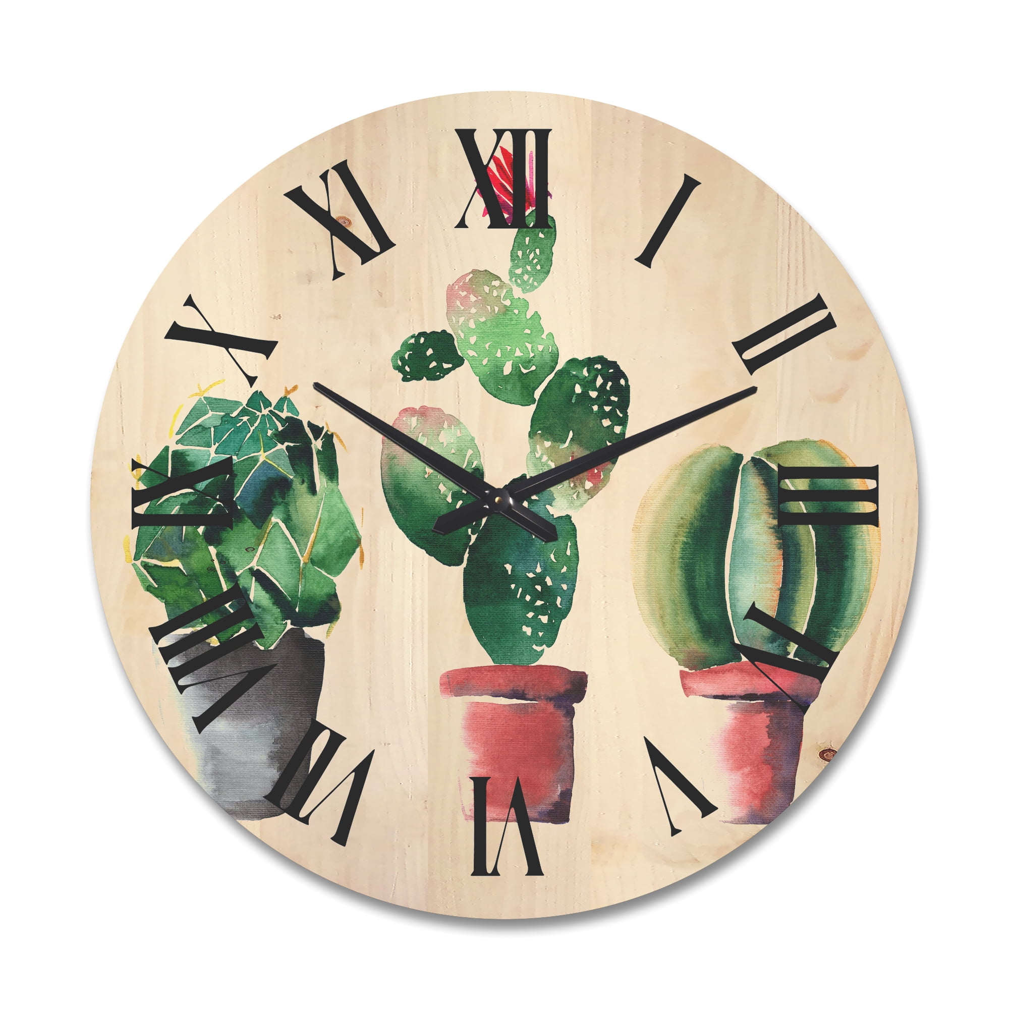 Designart 'Three Cacti In Clay Pots On White' Traditional Wood Wall Clock