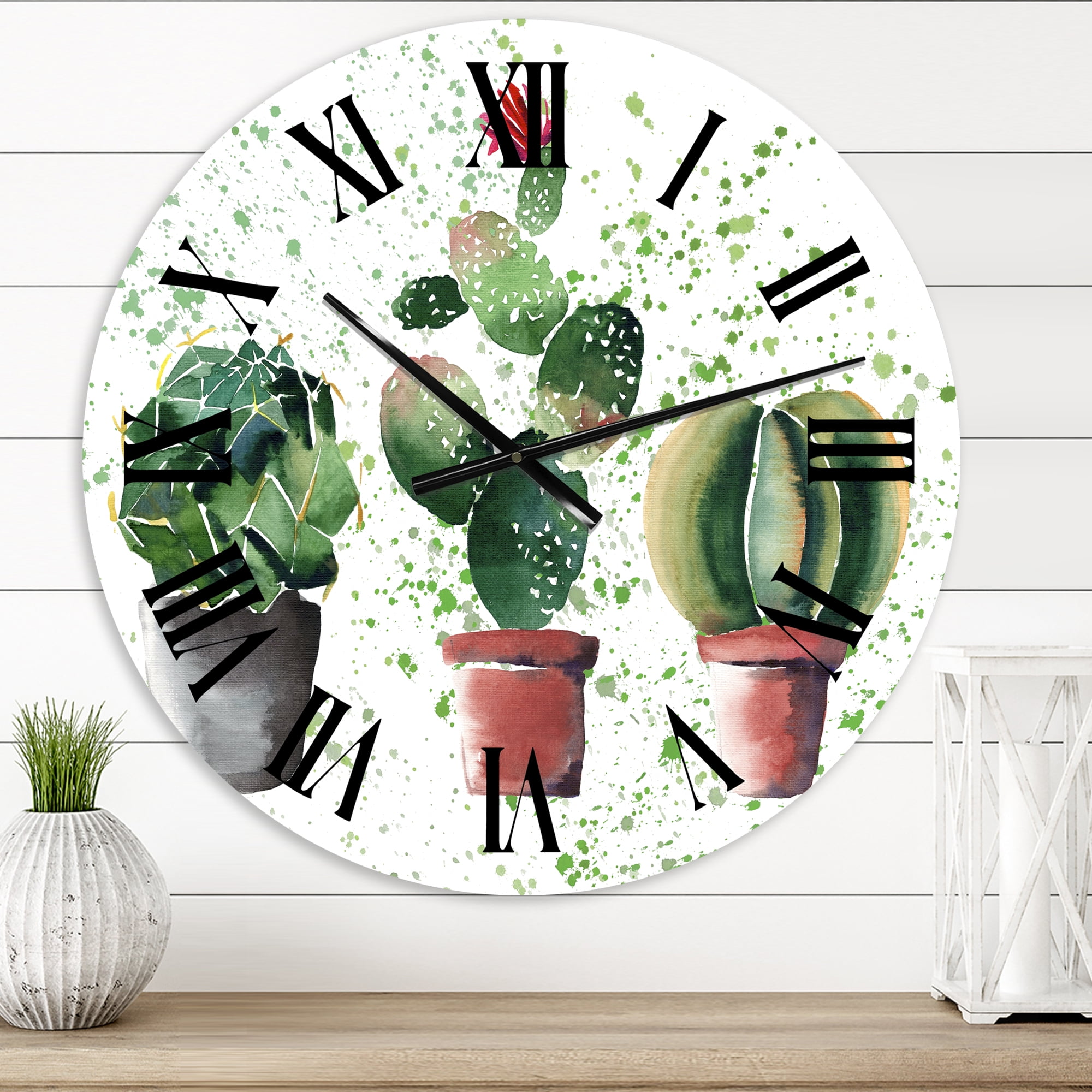Designart 'Three Cacti In Clay Pots' Traditional Wall Clock