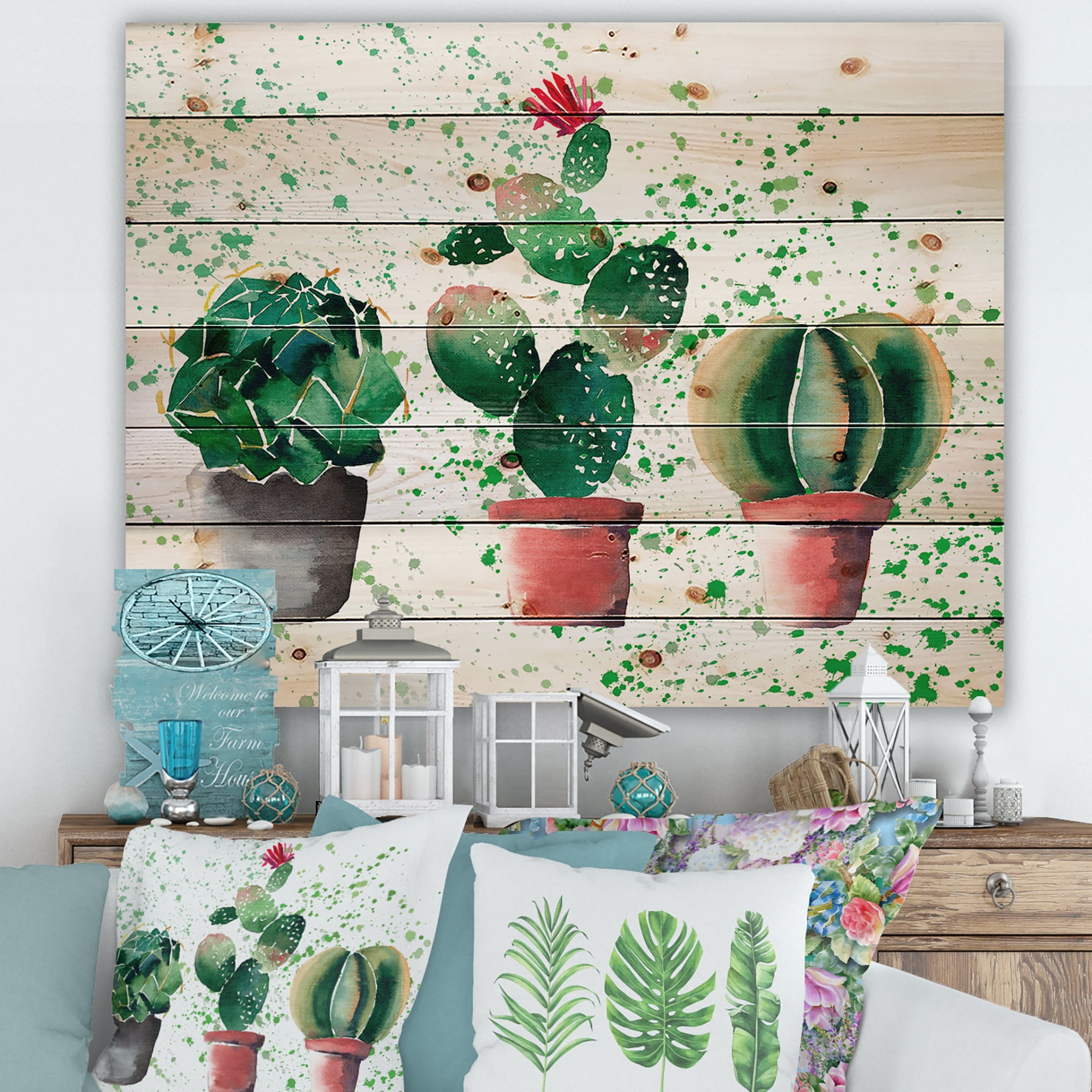Designart 'Three Cacti In Clay Pots With Green Dots' Botanical Print on Natural Pine Wood