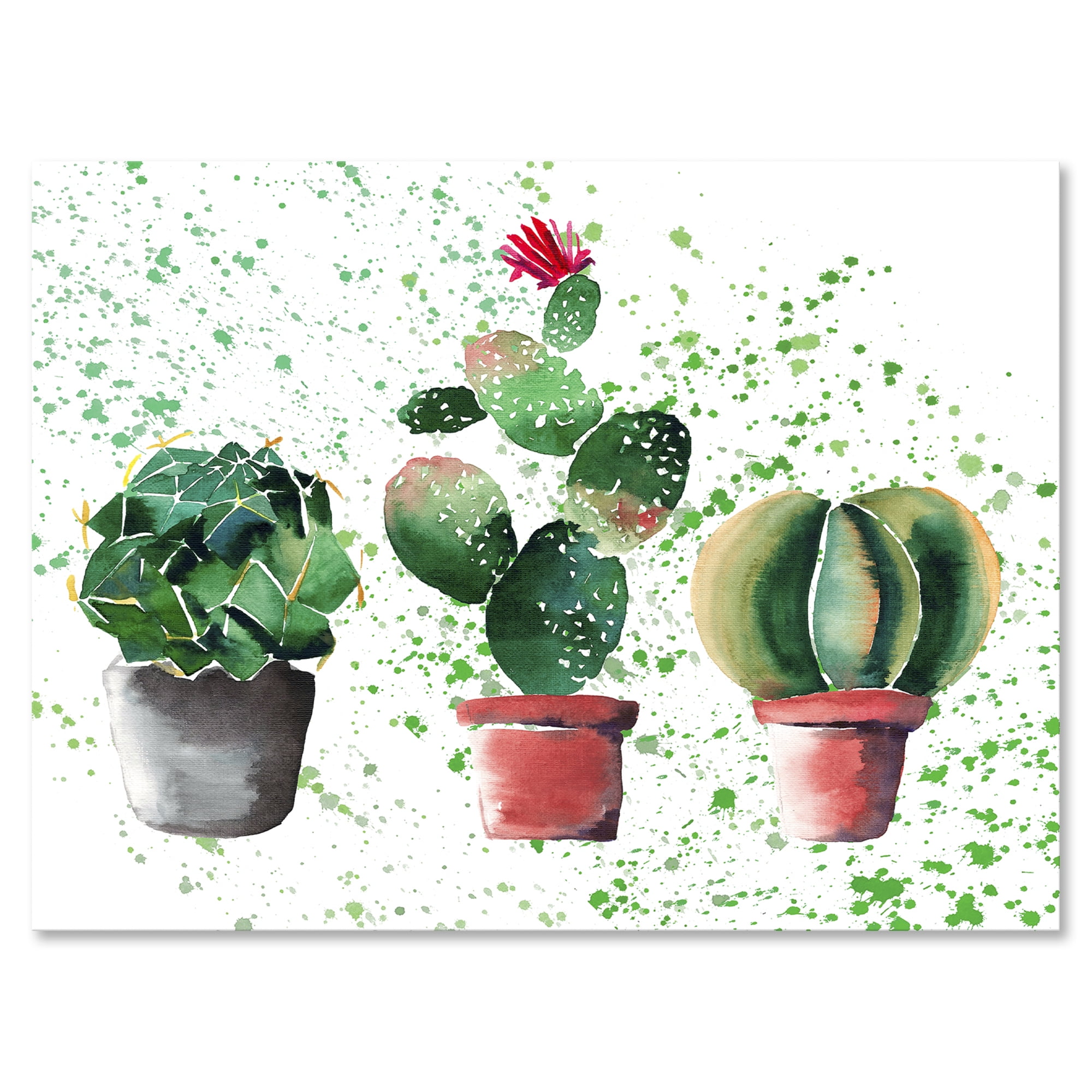 Designart ' Three Cacti In Clay Pots With Green Dots ' Traditional Canvas Wall Art Print