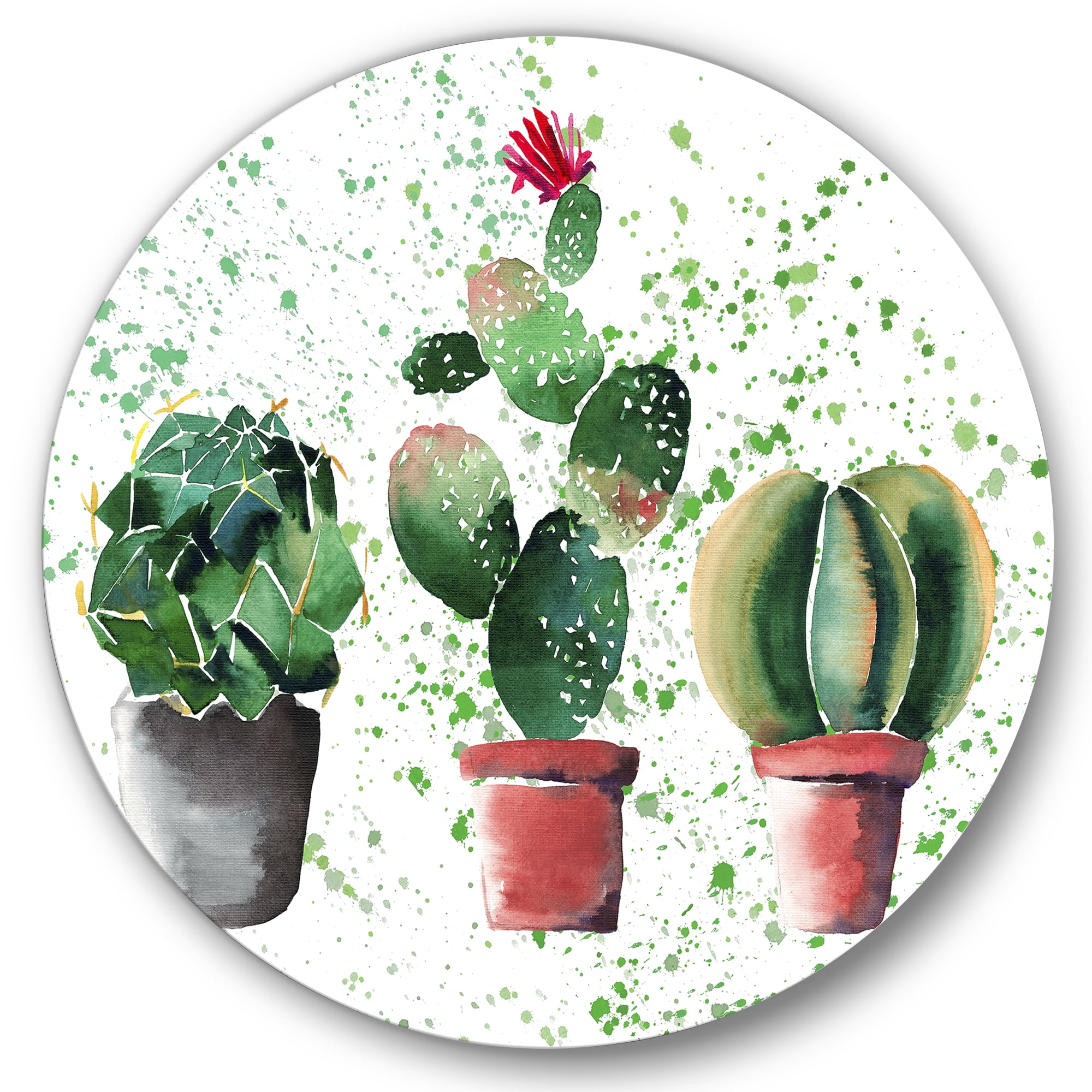 Designart 'Three Cacti In Clay Pots With Green Dots' Traditional Circle Metal Wall Art 29x29 - Disc of 29