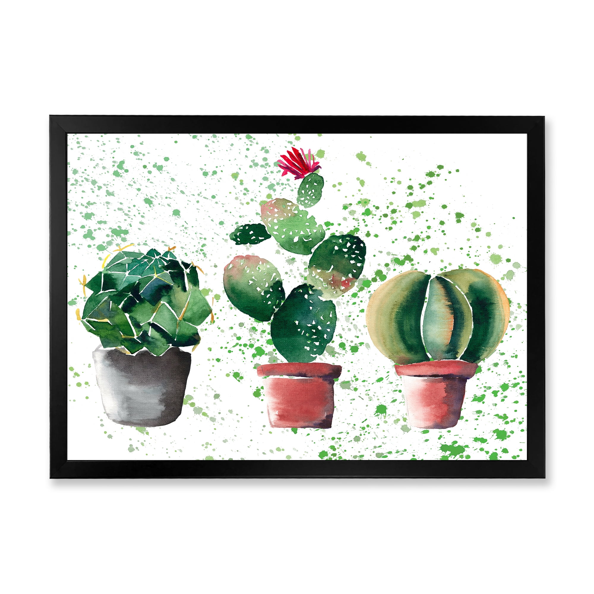 Designart 'Three Cacti In Clay Pots With Green Dots' Traditional Framed Art Print