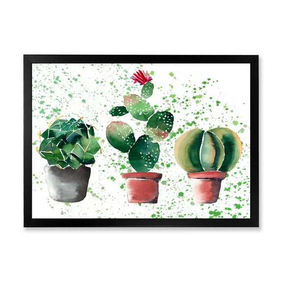 Designart 'Three Cacti In Clay Pots With Green Dots' Traditional Framed Art Print