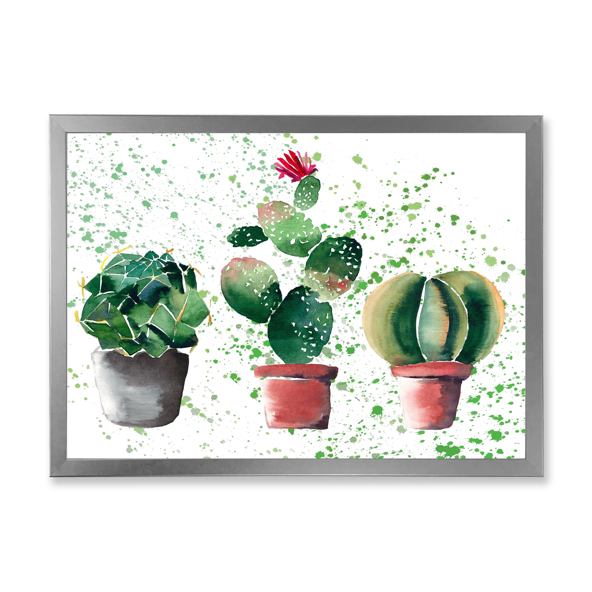Designart 'Three Cacti In Clay Pots With Green Dots' Traditional Framed Art Print