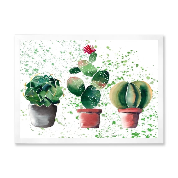 Designart 'Three Cacti In Clay Pots With Green Dots' Traditional Framed Art Print