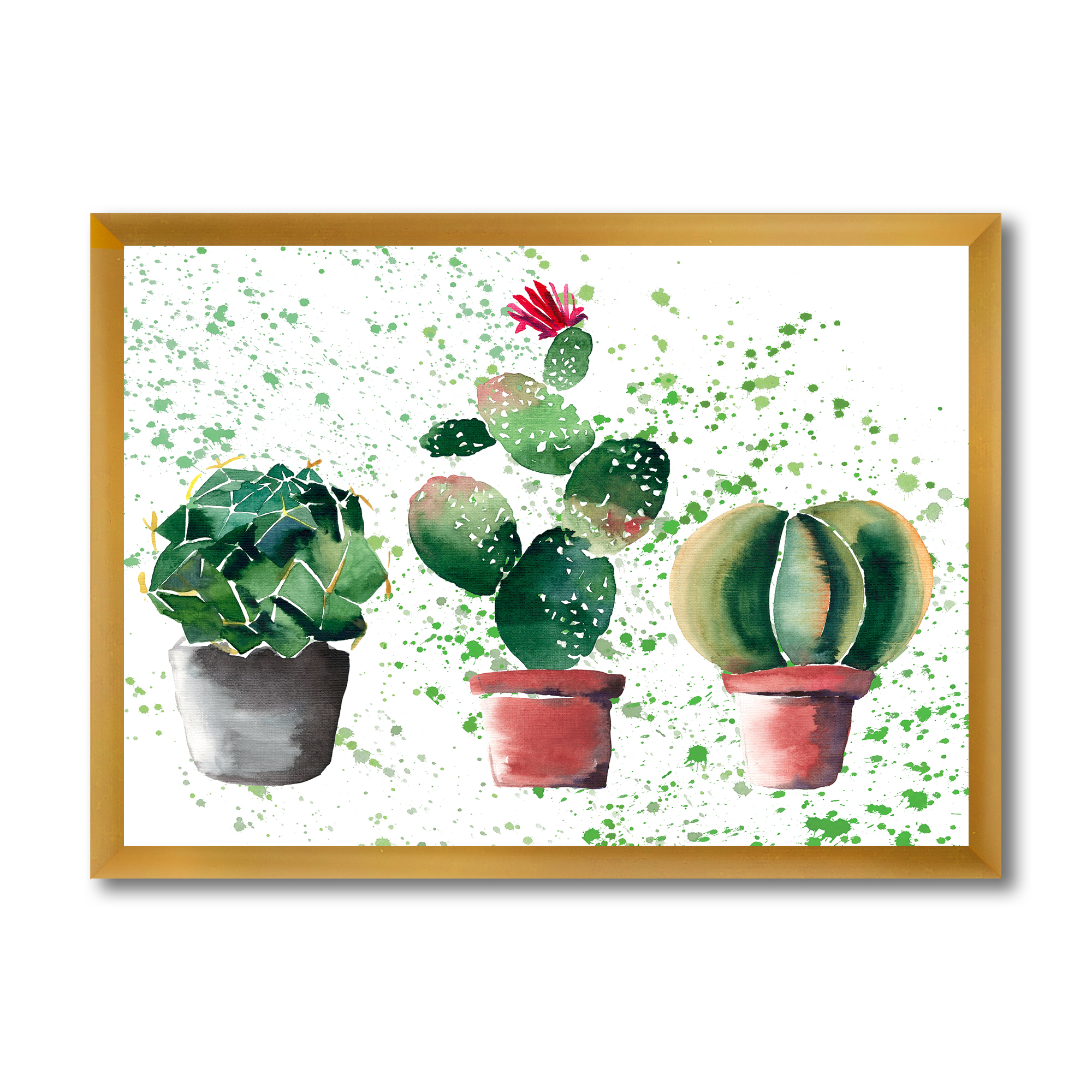 Designart 'Three Cacti In Clay Pots With Green Dots' Traditional Framed Art Print